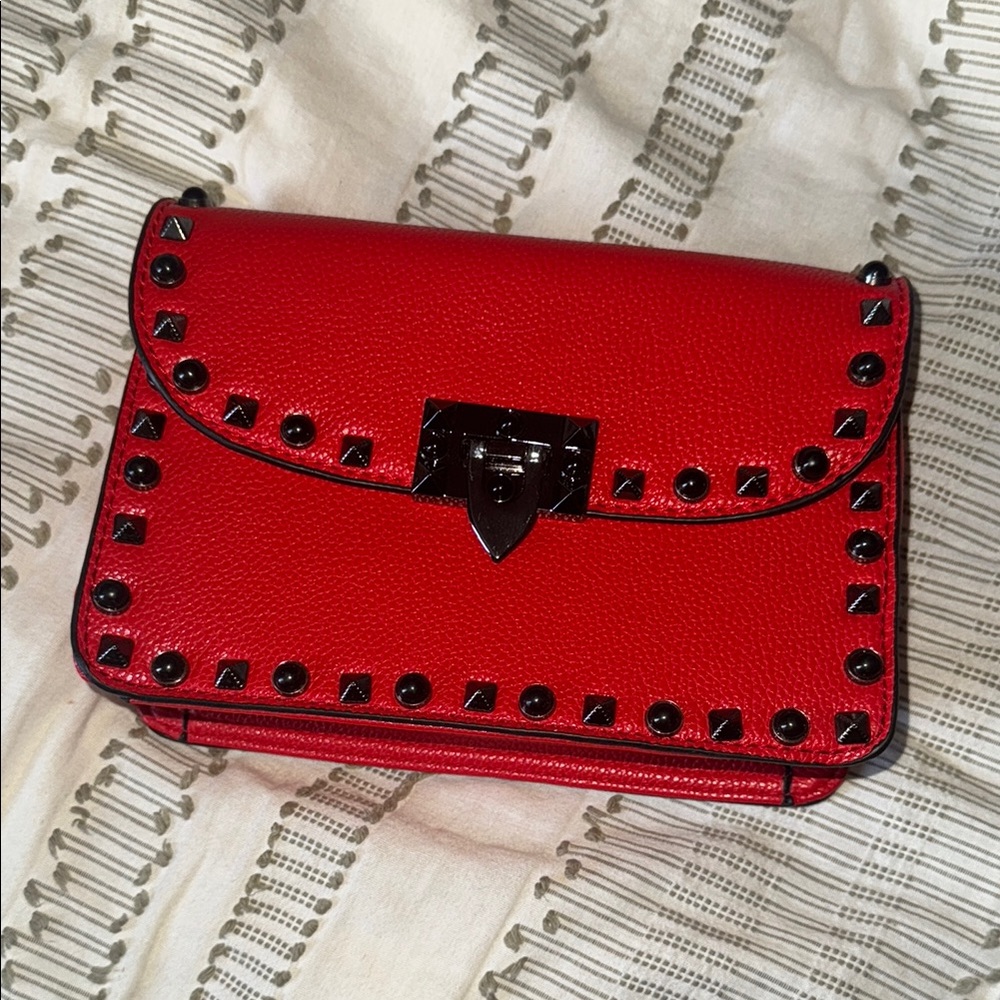 Red Studded Leather Crossbody Bag